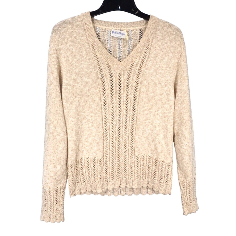 VTG British Vogue OATMEAL NATURAL BEIGE Slub Knit POINTELLE SWEATER V-Neck L